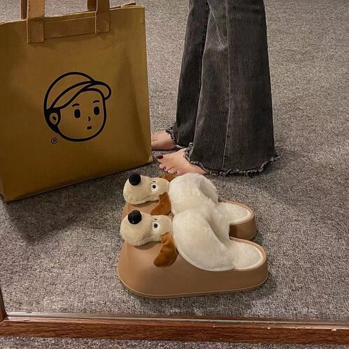 Cartoon puppy removable waterproof cotton slippers for women to wear outside in winter cute warm woolen cotton shoes confinement slippers for women