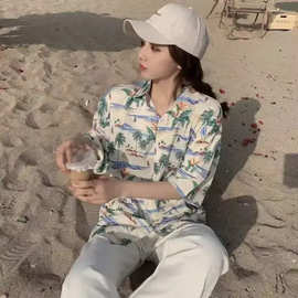 2025夏季新衣服印花宽松情侣嘻哈短袖麻将花衬衫复古港风日系男女