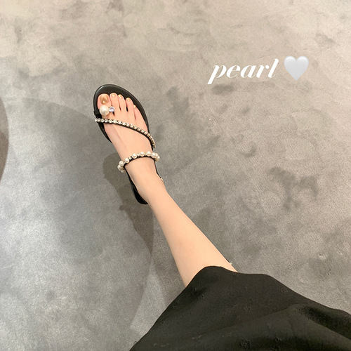 【sheii Su Yinyin】Delicate Girl~ Rhinestone Pearl Open-Toe Sandals Flat  Summer Large Size Women's Shoes