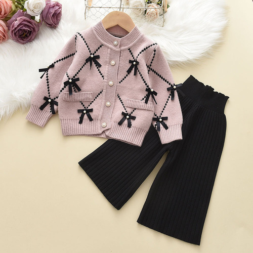 Girls bow sweater cardigan + woolen knitted wide-leg pants two-piece set little girl autumn sweater suit for outer wear