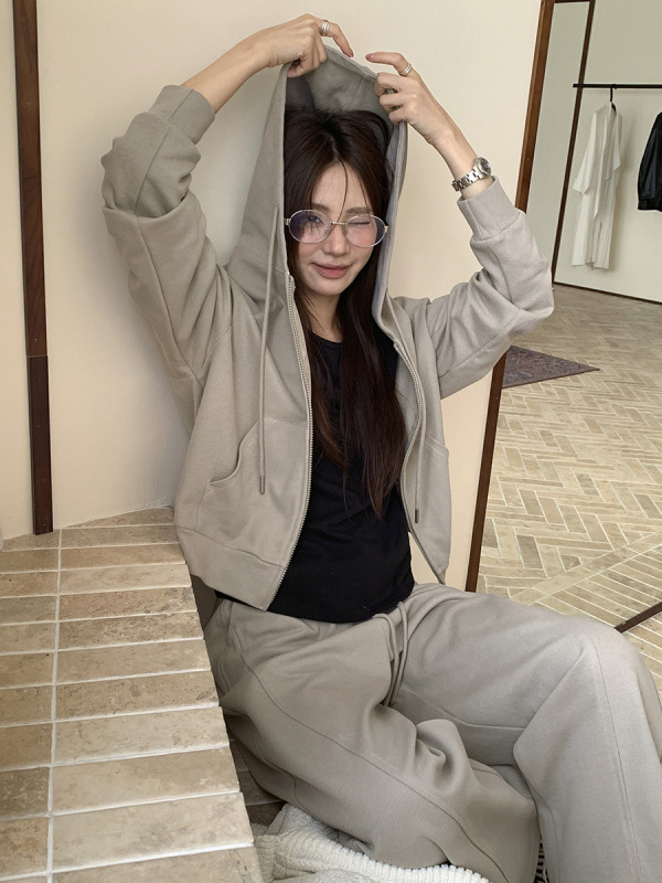 广州十三行2025秋韩系慵懒风连帽拉链口袋修身螺纹底卫衣女03077|undefined