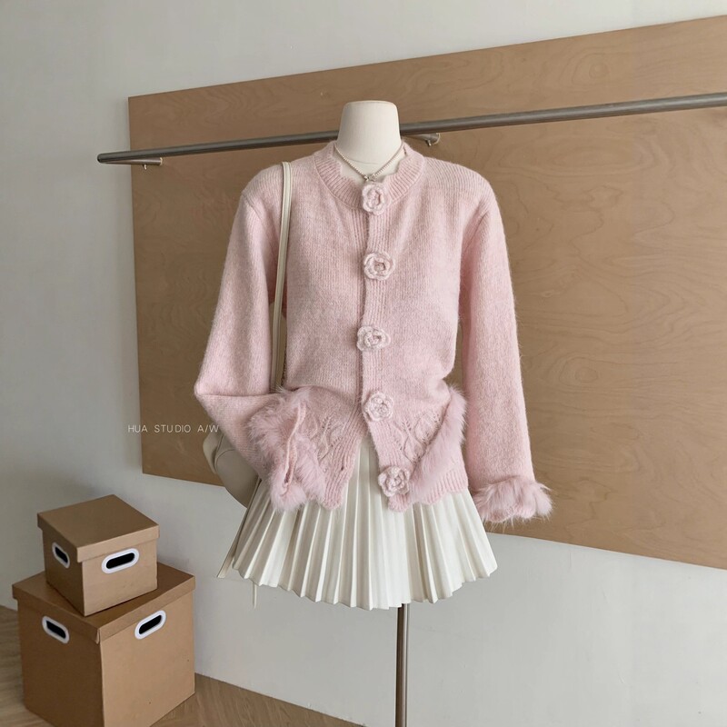 韩系温柔风毛绒拼接针织开衫女秋冬甜美立体花朵宽松软糯毛衣外套|undefined