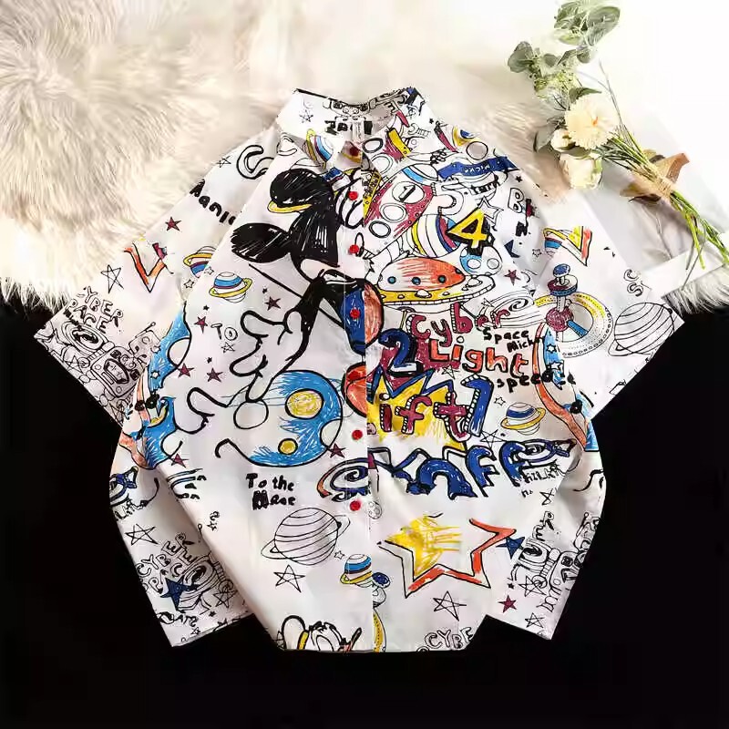 American Style Retro Cute Cartoon Print Short-sleeved Shirt Men's Summer Loose Casual Seaside Beach Style Shirt Jacket
