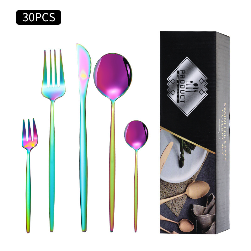 Cruz-Frontera de acero inoxidable vajilla portugués cuchillo y tenedor conjunto de 30 piezas de comida occidental cuchillo de filete de oro y cuchara de la caja de regalo