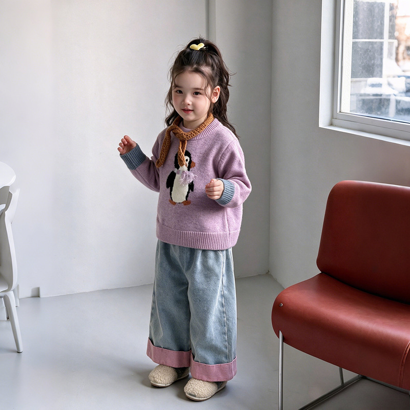 Korean-style children's clothing 2026 autumn new collection: toddler penguin pullover sweater and blue wide-leg jeans two-piece set trendy