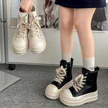 女王范黑色复古厚底高帮鞋女2025新款秋季配裙子百搭增高板鞋子