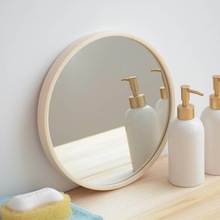 北欧浴室镜子圆形镜子实木挂墙式壁挂镜卫生间梳妆镜跨境代发