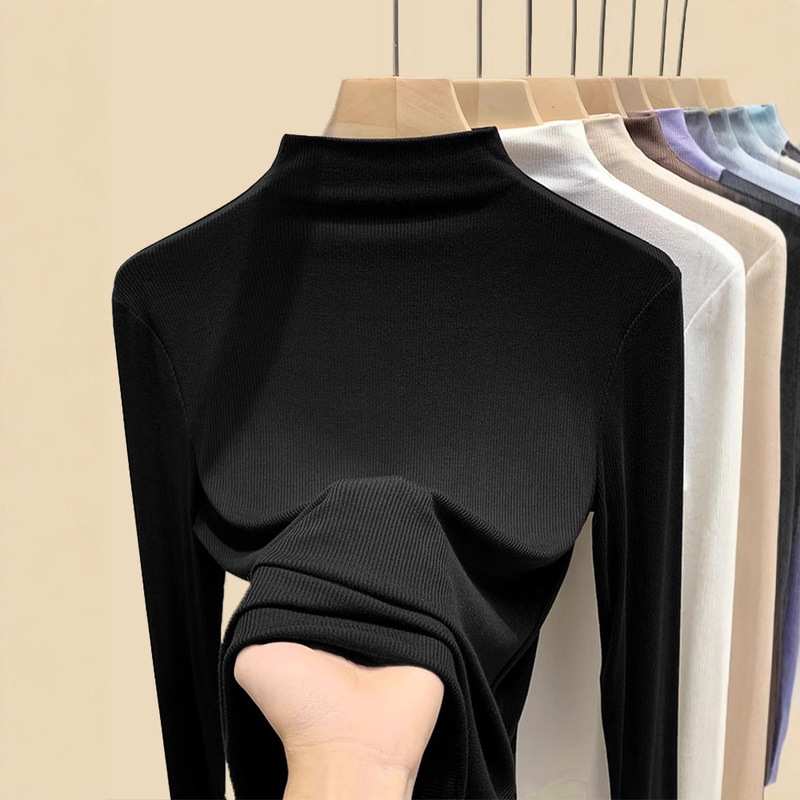 Black Half Turtleneck Bottoming Shirt for Women with Long Sleeves 2025 New Autumn and Winter Mid-Collar Slim Knitted Top That Can Be Worn Outside