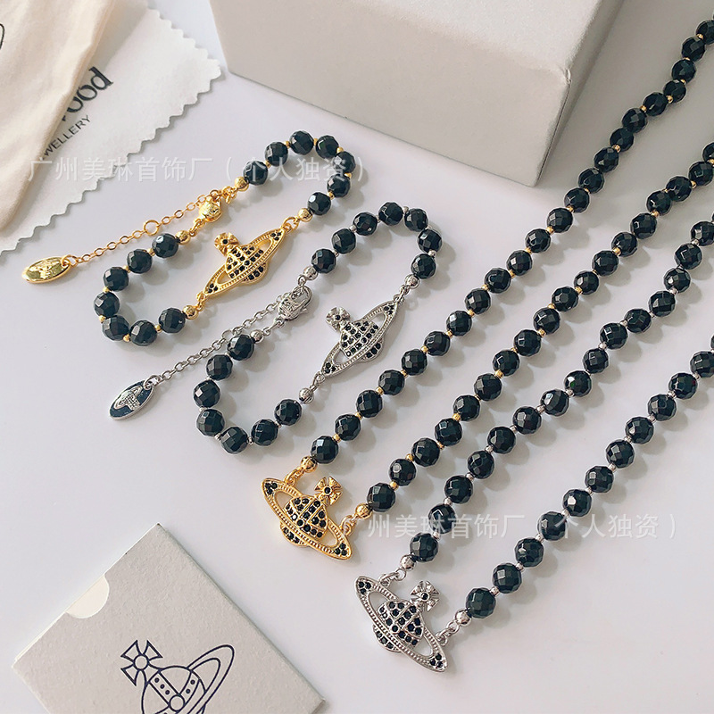 High-End Version of the Classic Empress Dowager's Saturn Black Crystal Pearl Necklace and Bracelet for Women, Vintage Style Black Agate Clavicle Chain High-End Version of the Classic Empress Dowager's Saturn Black Crystal Pearl Necklace and Bracelet for Women, Vintage Style Black Agate Clavicle Chain