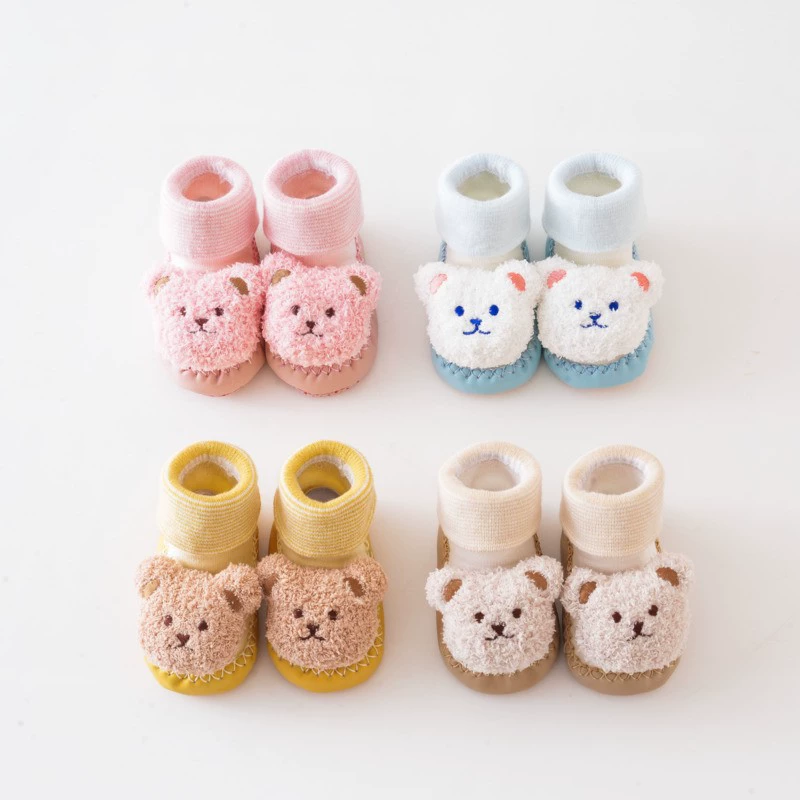 Детская обувь осенне-зимняя для новорожденных от 0 до 1 года, теплая нескользящая обувь на флисовой подкладке и носки, хлопковая обувь на мягкой подошве для малышей, нескользящая 3