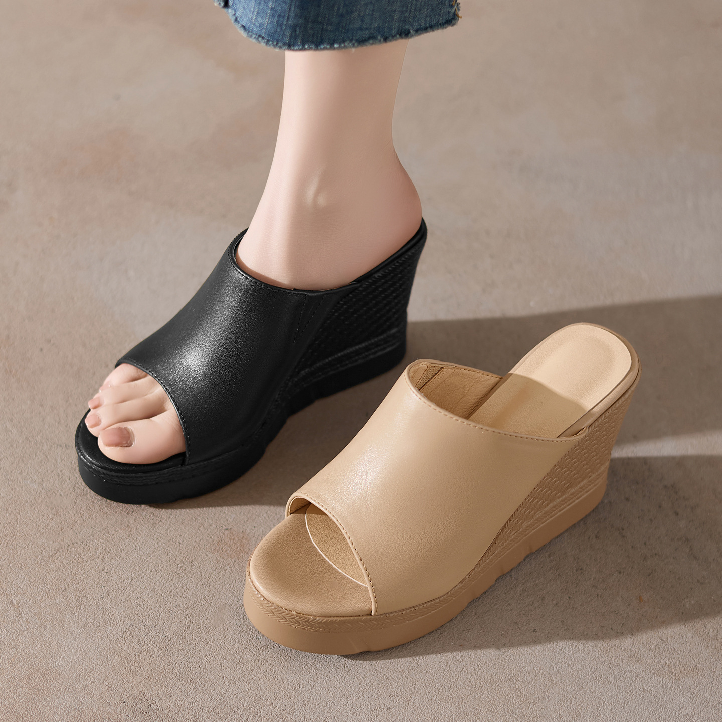 Sandal cao gót nữ hở mũi đế dày 10 cm — đen