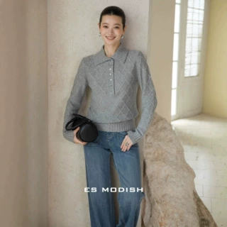 ES MODISH 冬季新品通勤风菱格纹翻领显瘦长袖毛衣外搭polo针织衫