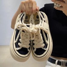 休闲运动女士超火黑色低帮丑萌大头圆头芒果头板鞋厚底毛边帆布鞋