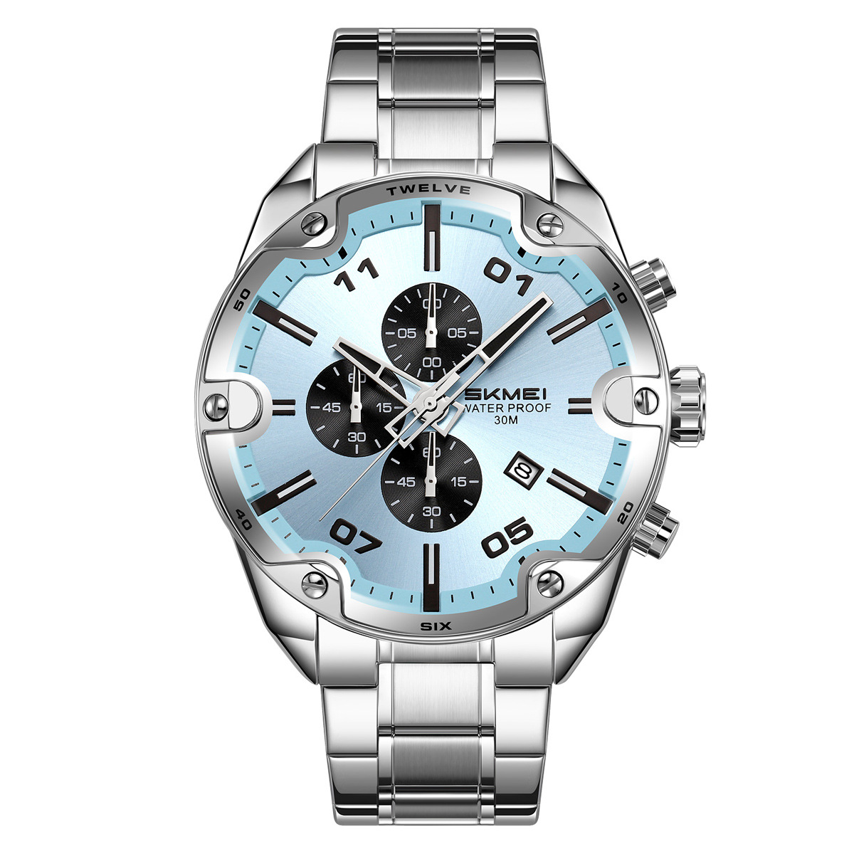 Momento de belleza reloj de hombre tres ojos multifuncional impermeable reloj de hombre correa de acero relojes de pulsera personalizados transfronterizos fábrica al por mayor