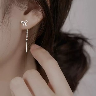 S925 sterling silver bow earrings female niche design high-grade ear piercing earrings tassel short earrings earrings