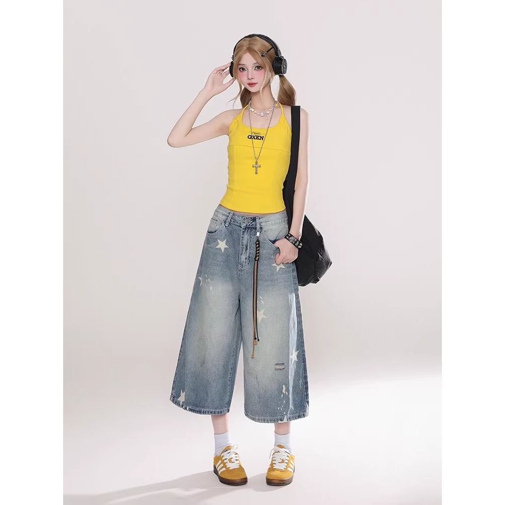 Quần short denim nữ phong cách Mỹ cổ điển, dáng rộng in hình ngôi sao — Màu xanh nhạt ([mẫu cao cấp, mềm mại và thoải mái hơn])