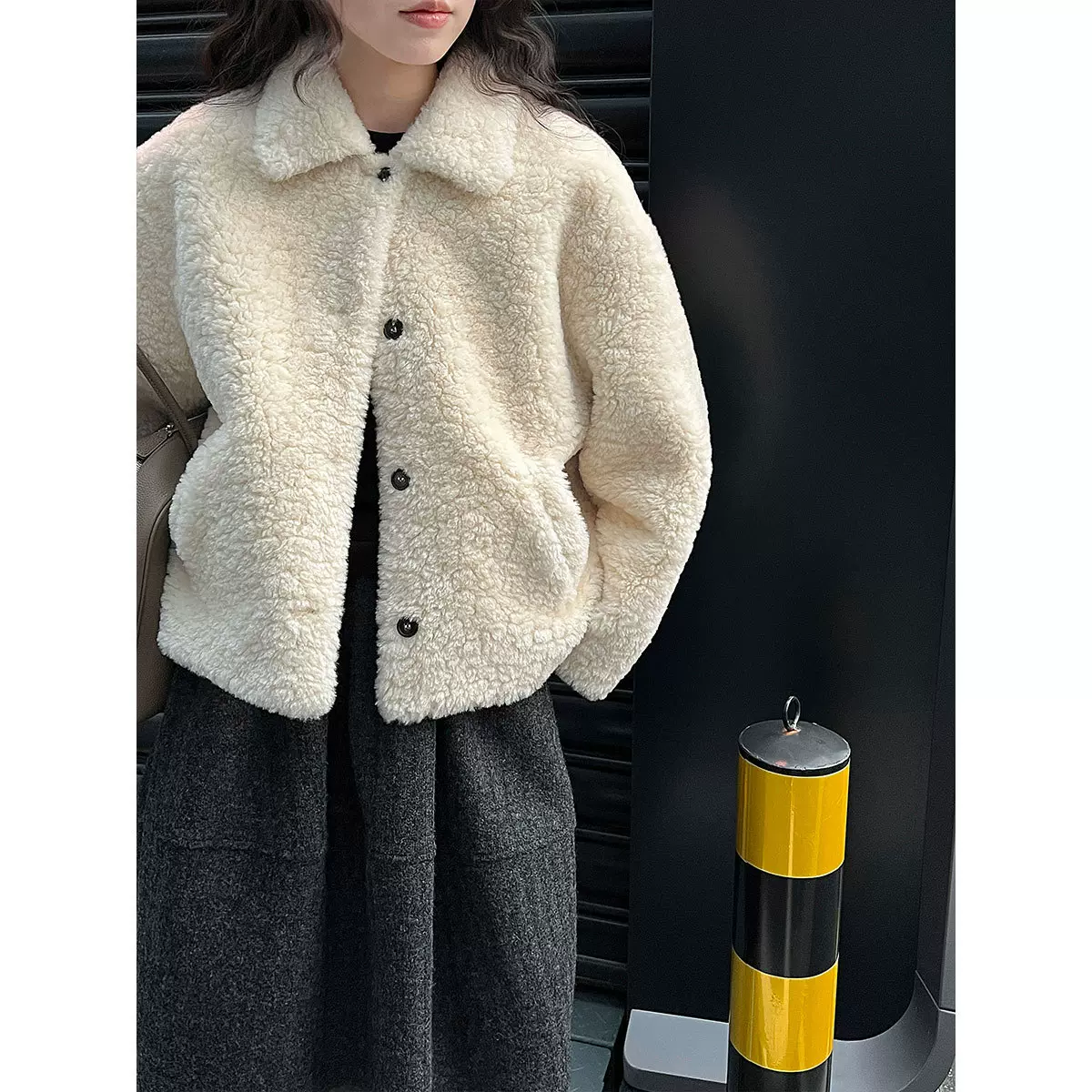 鹿西 韩系翻领皮毛羊羔毛外套女冬季新保暖毛绒环保皮草上衣3752