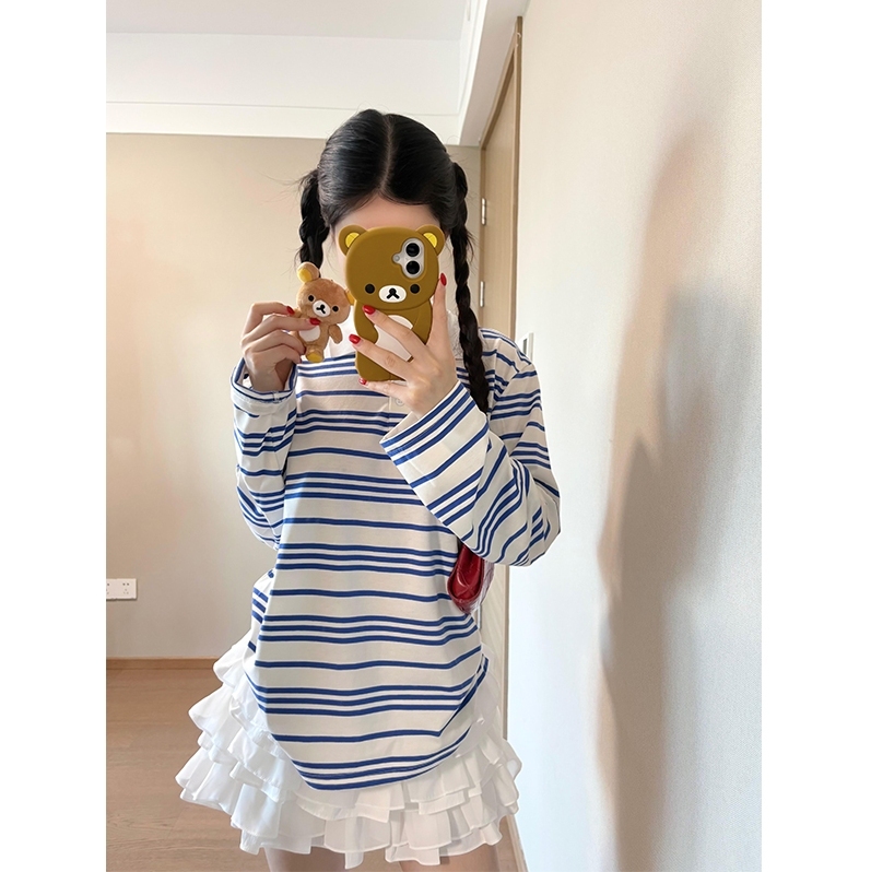 韩系撞色条纹学院风POLO衫长袖t恤女秋季2025新款宽松慵懒风上衣|undefined