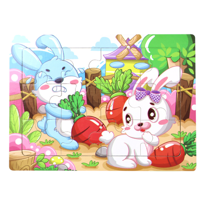 Rompecabezas plano de madera de 12 piezas, juguetes educativos para niños pequeños, rompecabezas de pensamiento lógico cognitivo de animales de dibujos animados de educación temprana