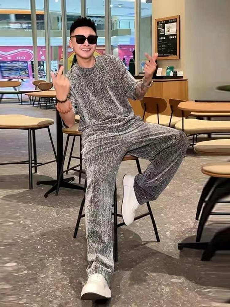 夏季新款男轻奢满天星烫钻套装网红潮流宽松透气5分袖短裤两件套