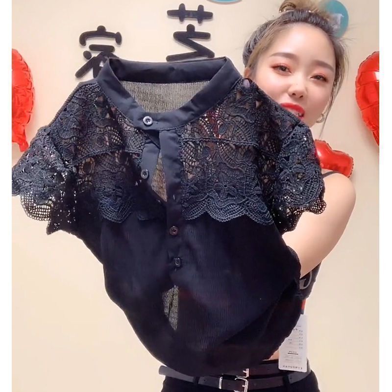 短袖女夏雪纺衫遮肚子苗丝上衣透纱半袖T恤衫高端显瘦黑色衬衫潮