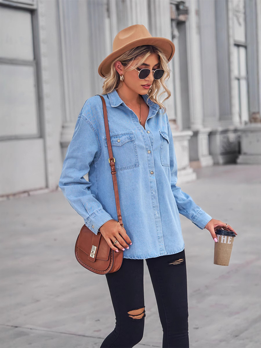 European and American Cross-Border Wish Amazon Independent Station New Slim Denim Jacket Single-Breasted Long-Sleeve Casual Shirt for Women
