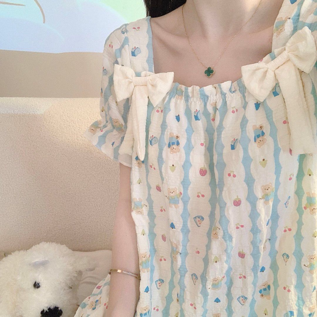 Nubes, algodón, algodón, cojín para el pecho, camisón, verano dulce, estilo ins, manga corta, pijamas sueltos de longitud media, ropa de hogar, ropa exterior