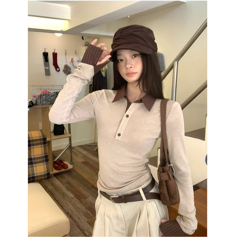 【Rayon】Milk Tea Color Fake Two-Piece Base Layer Women's Autumn/Winter Slimming Polo Collar Long Sleeve T-Shirt Top