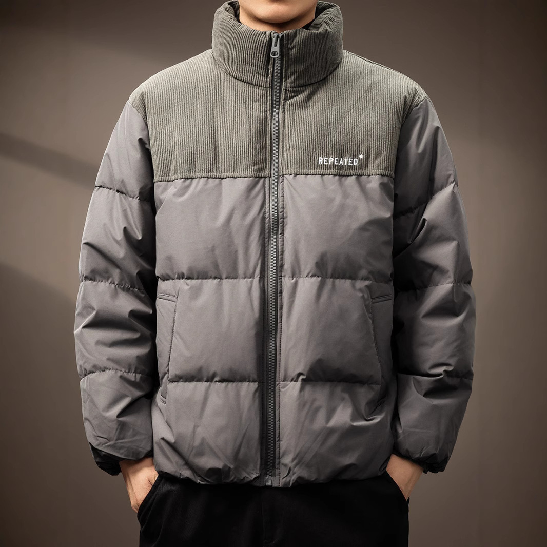 Stand Collar Corduroy Warm Patchwork down Jacket for Men, New Winter Style, 90% White Duck Down, Retro Coat for Men