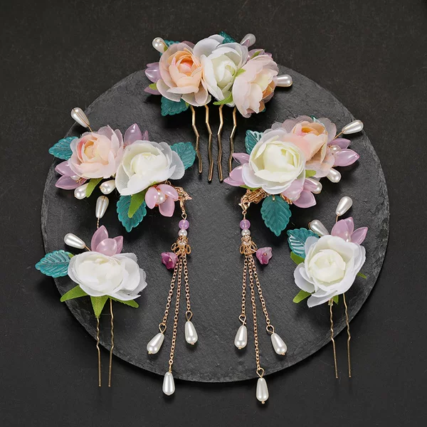 Ancient style hanfu headdress fairy silk flower hairpin colored glaze suit rose flower tassel hairpin headdress flower comb suit New