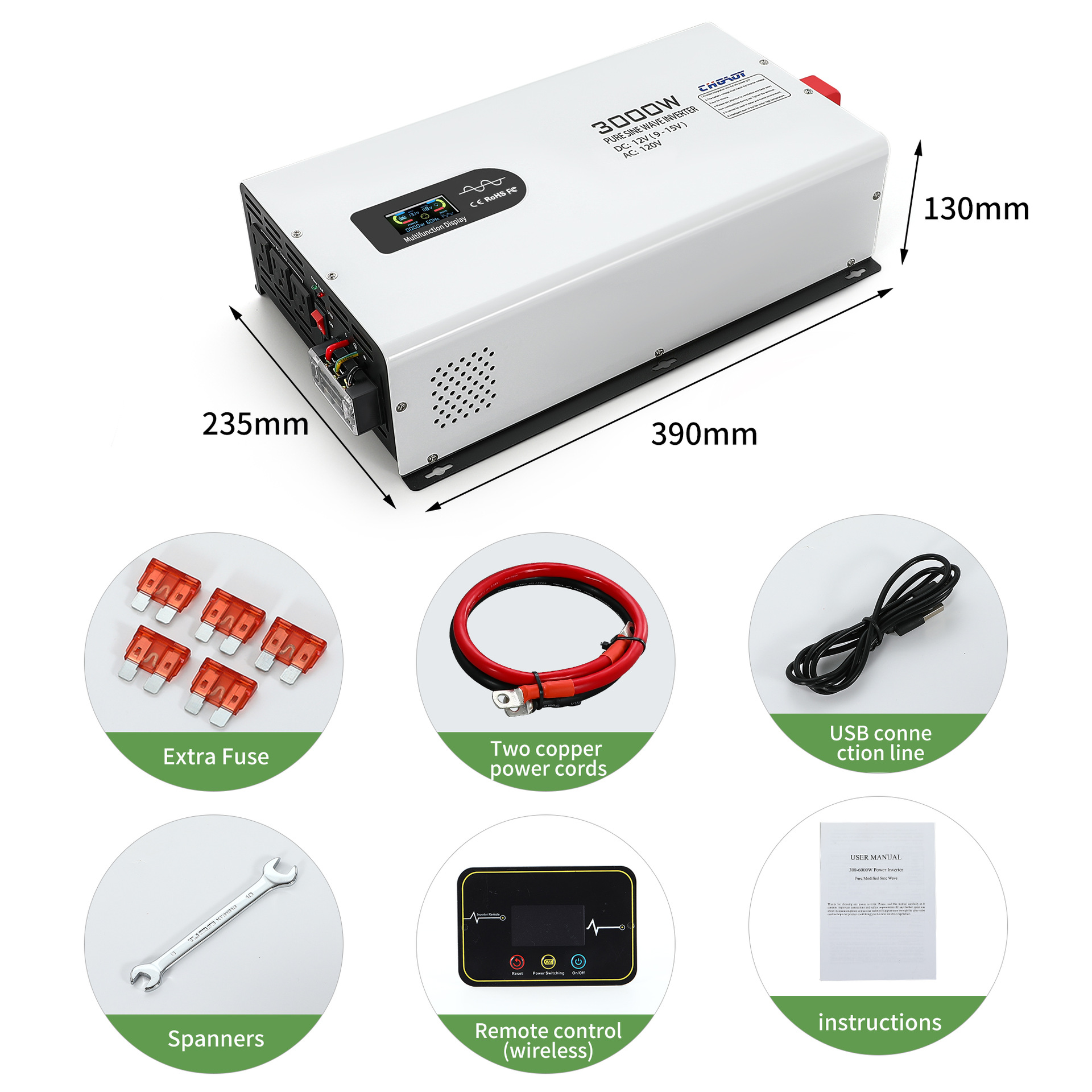 纯正弦波变器3000W带LCD显示足功率欧规逆变器带智能无线遥控开关