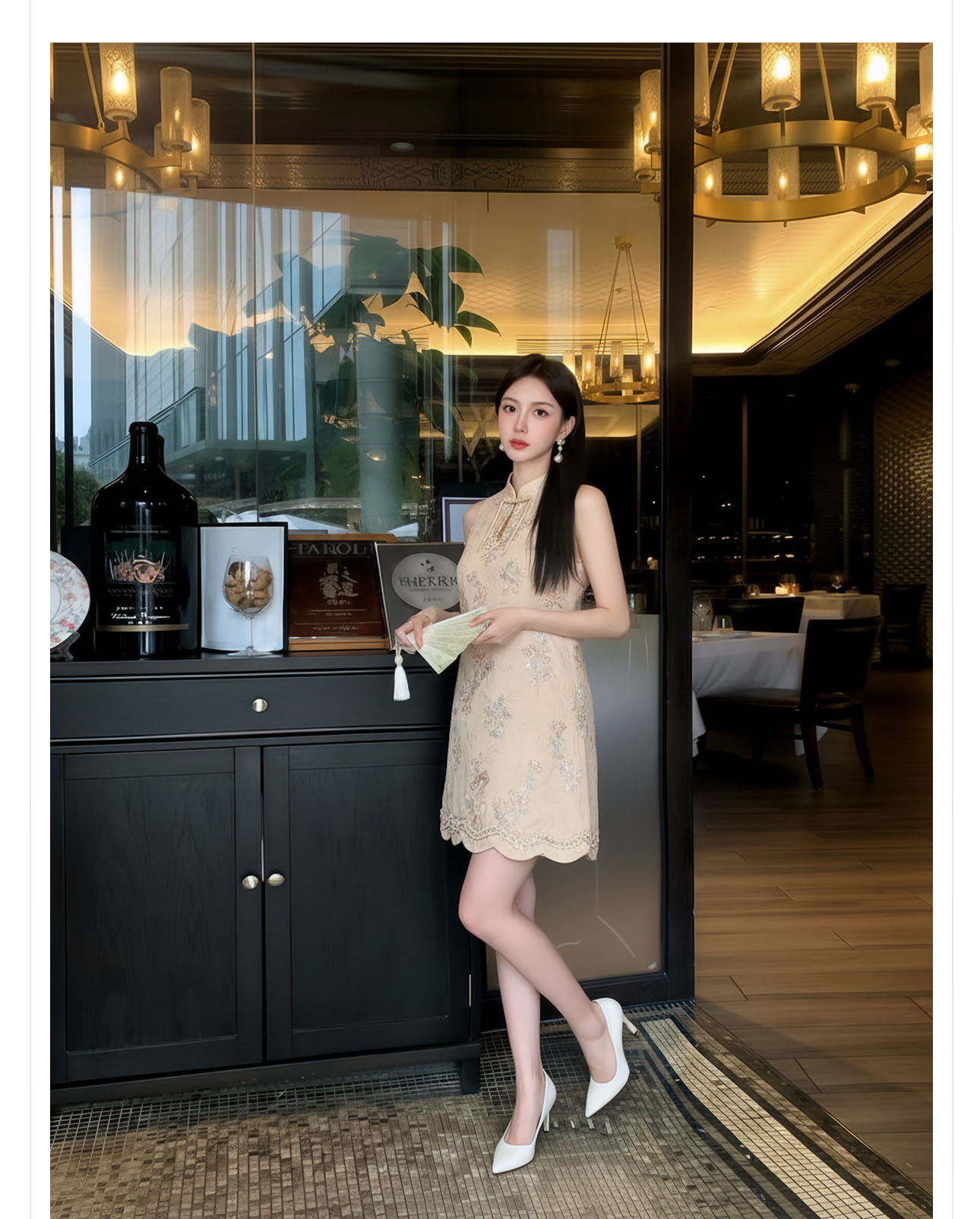 Đầm suông midi tay không họa tiết hoa nhí phong cách Tân Trung Hoa thêu hạt cườm — màu mơ chi tiết 13