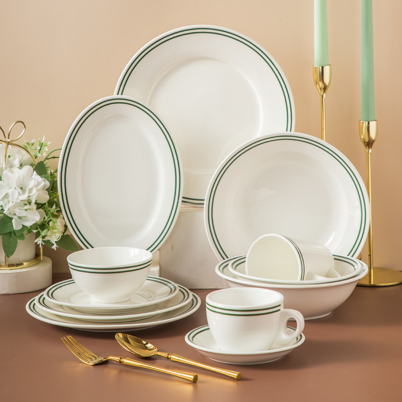 Ceramic Tableware Double Green Wire Plate Thick Hong Kong-style Milk Tea Cup Dinner Plate Rice Bowl Small Fried Plate Dessert Plate Restaurant Home Cup