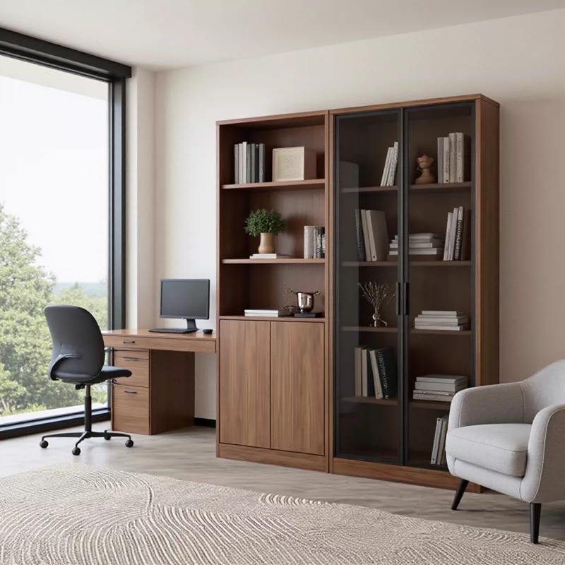 Integrated bookcase against the wall with glass doors, office file cabinet, storage cabinet, light luxury display cabinet