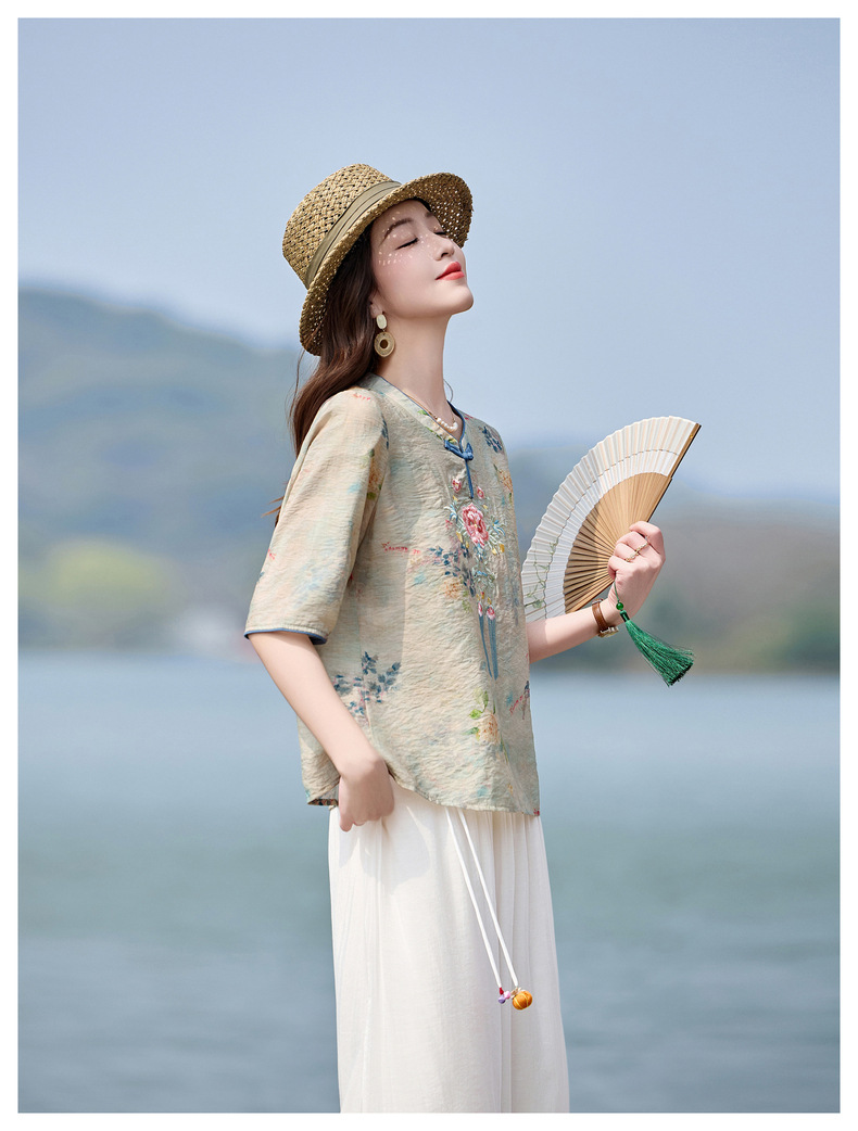 Bộ quần áo nữ hai mảnh sơ mi thêu họa tiết quốc phong kết hợp quần ống đứng MM6617 — xanh lam, Màu hồng chi tiết 21