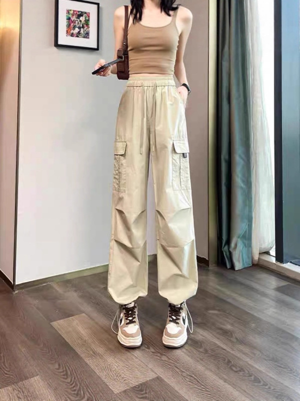美式复古速干工装裤女夏春秋新款高腰束脚防晒运动休闲登山阔腿裤|undefined