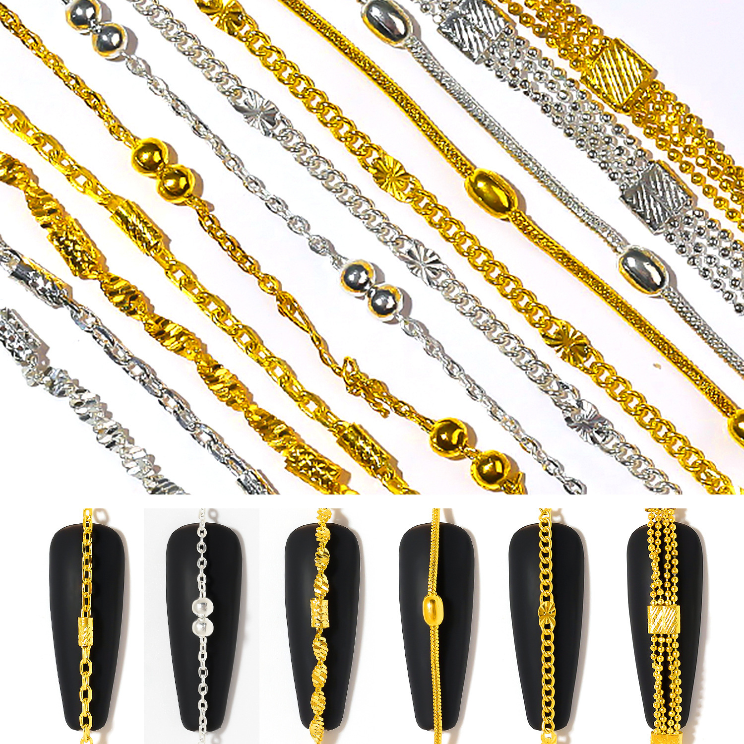 Nueva Venta caliente joyería de uñas ins pequeña cadena 12 en caja de oro y plata cuentas de acero DIY decorativo pegatinas de uñas cadena de metal