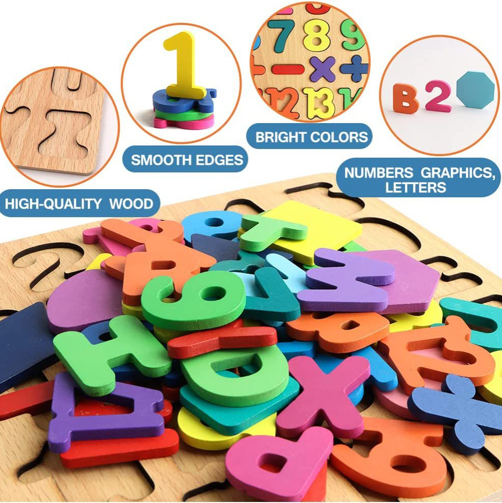 Puzzles de madera transfronterizos Puzzles de madera para niños Puzzles de forma alfanumérica Puzzles de aprendizaje para niños Juguetes de Puzzles