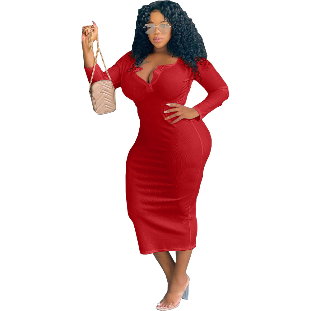 women s solid color V-neck long-sleeved plus size dress nihaostyles clothing wholesale NSFNN74914