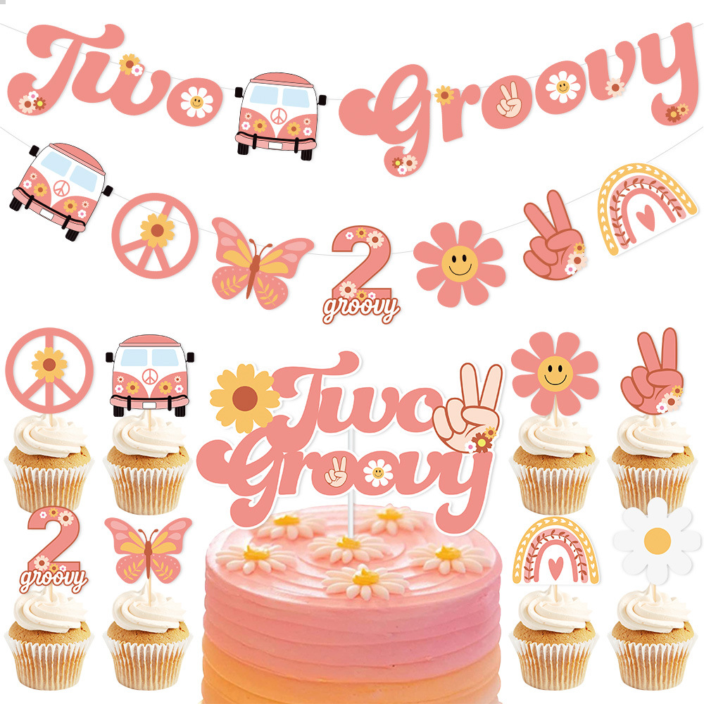 Nuevo Dos Groovy hippie bohemio fiesta de cumpleaños tema cumpleaños bandera Margarita pastel