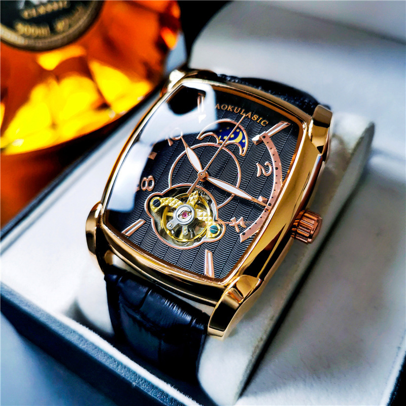Ogulas reloj cuadrado de los hombres gran dial hueco transparente reloj mecánico automático de gama alta de cuero casual reloj de los hombres