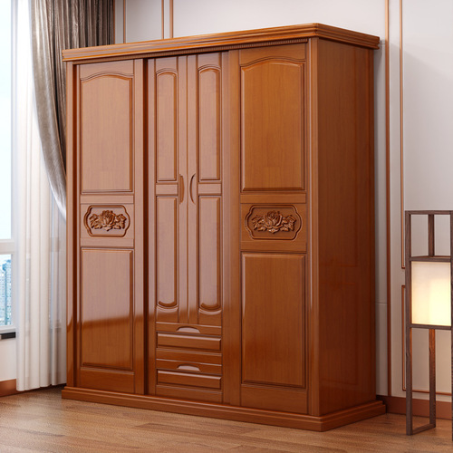 新中式实木四门衣柜现代简约经济型橡胶木组装收纳卧室家具