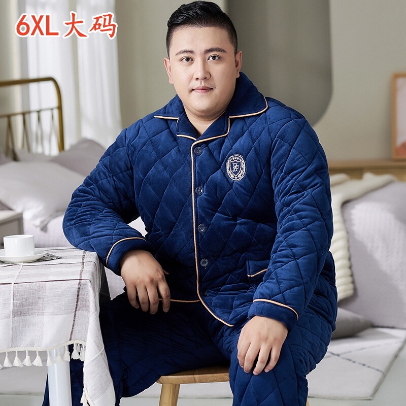 Fat Guy plus size pajamas men's three-layer cotton-padded jacket winter cardigan flannel thickened coral fleece home wear suit