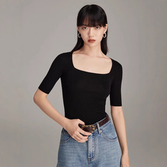 島精18針80本夏の水溶ウール女性襟薄いU襟半袖ニットtシャツ上着早春