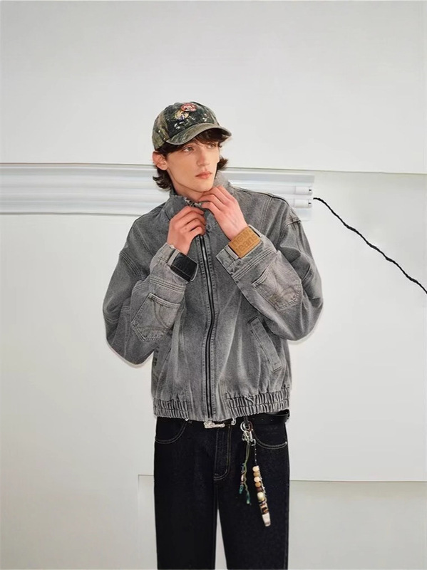 潮流美式复古水洗倒装立领牛仔外套男慵懒简约气质新款时尚百搭|undefined