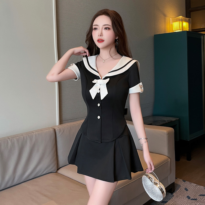 (2개) 새 작업 옷 해군 칼라 주름 치마 세트 발 치료 기술자 밤 옷 섹시한 슬림 핏 슬리밍 5387