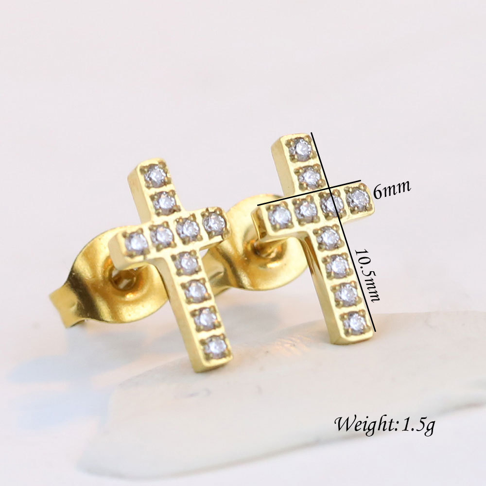 Retro Cross Titanium Steel Inlay Rhinestones Ear Studs 1 Pair