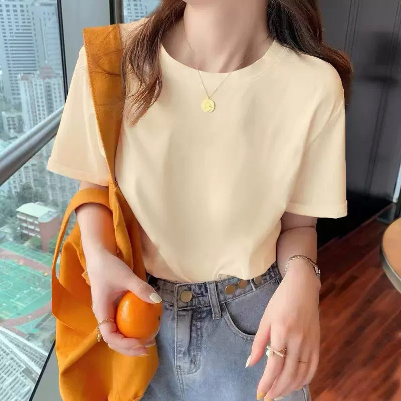 アプリコットショルダー半袖Tシャツ女性用2025夏の新しいファッションラウンドネックルーズスリムトップ|undefined