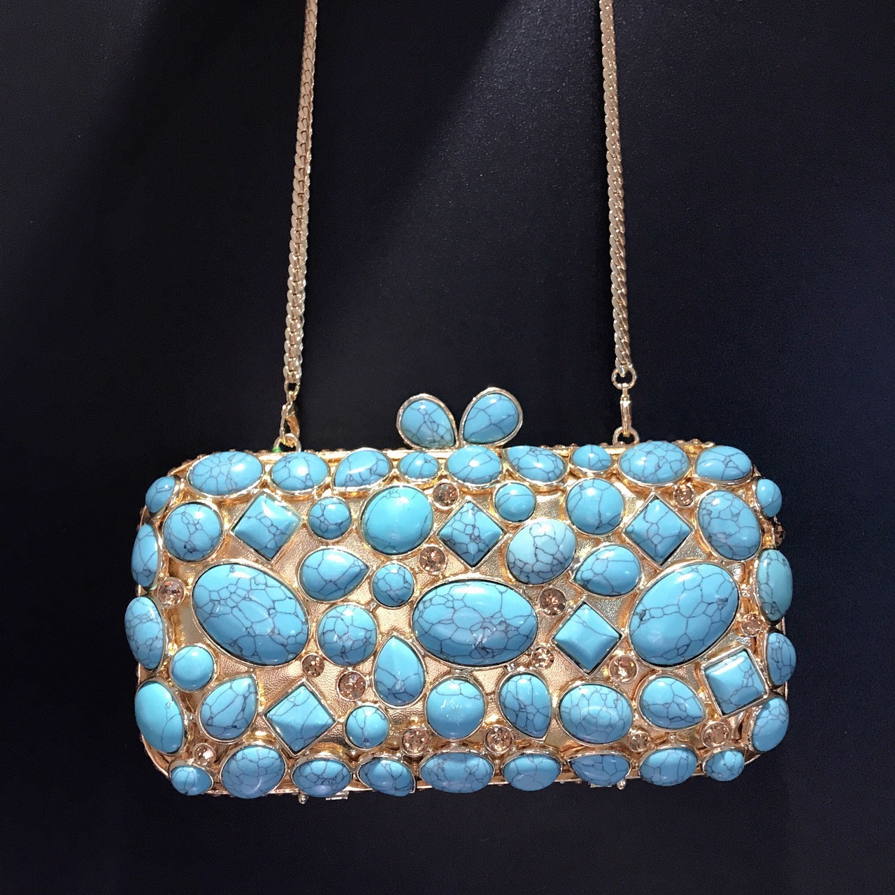Túi clutch dạ tiệc đính đá rhinestone mã não màu ngọc lam — Màu vàng