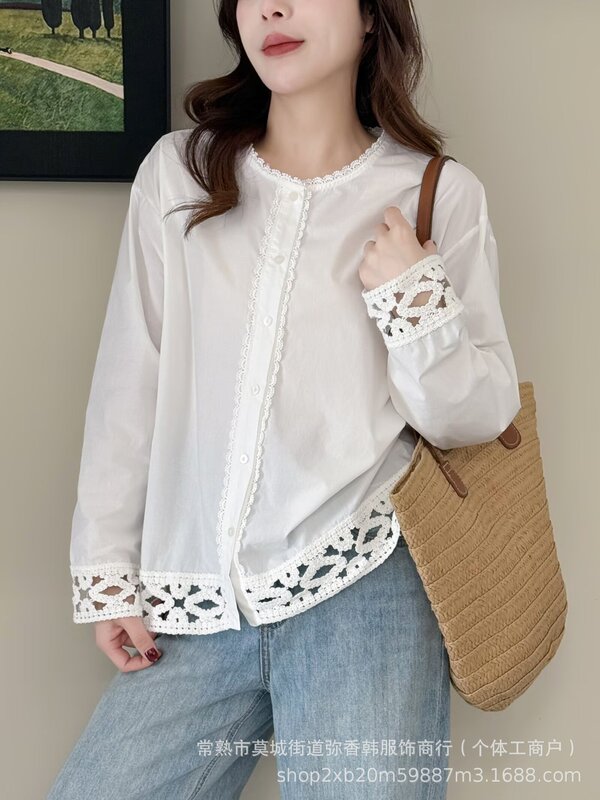 Spring New Women's Clothing Loose Crochet Lace Long-Sleeved Round-Neck White Shirt Spring New Women's Clothing Loose Crochet Lace Long-Sleeved Round-Neck White Shirt